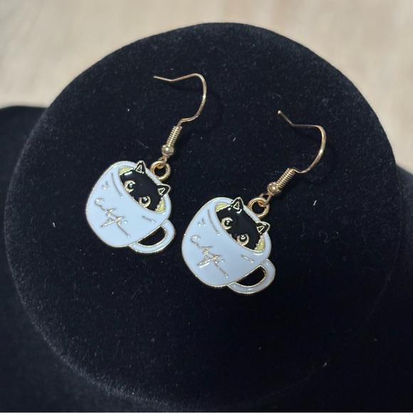 Void Black Cat In Coffee Cup Dangle Earrings, Kitty in Coffee Dangle Earrings - Picture 3 of 10